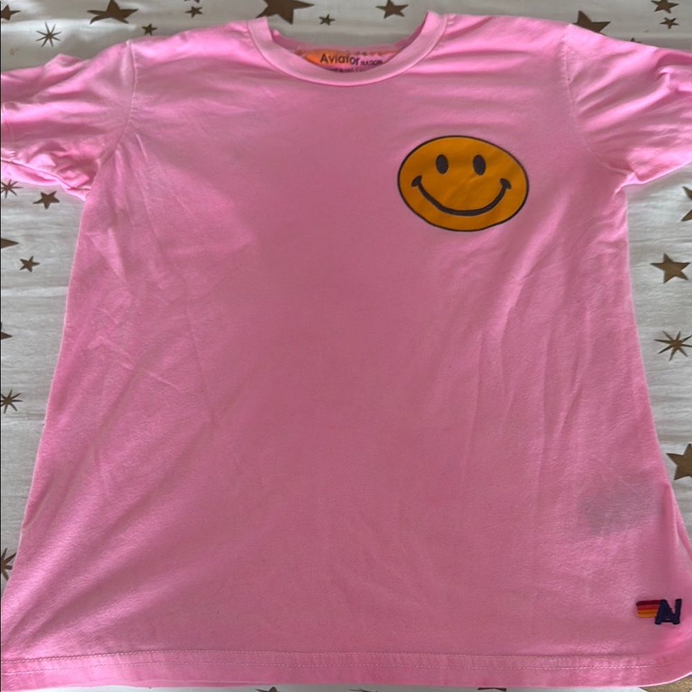 Aviator Nation Pink Short Sleeve Tee with Yellow Smiley Face